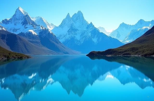 Snow-capped peaks of the Andes mountains with a clear blue sky, a pristine mountain lake in the foreground.
