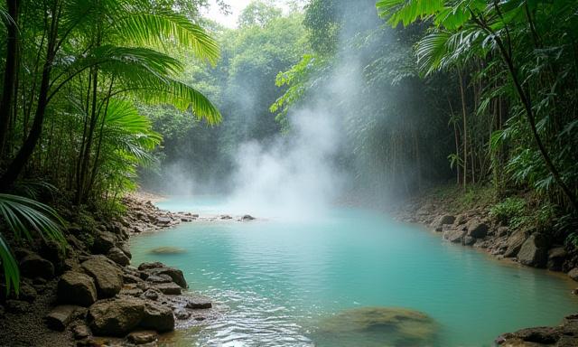 Hot springs with lush tropical vegetation in Costa Rica