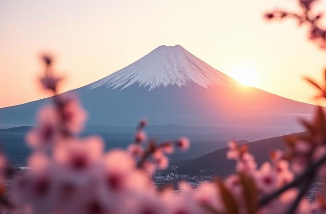 Mount Fuji at sunrise, seen from a distance with cherry blossoms in the foreground.
