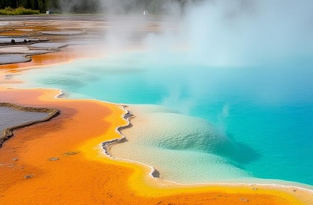 Colorful geothermal terraces and a vibrant blue hot spring in New Zealand.
